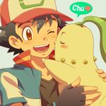 1:1 2018 5_fingers ash&#039;s_bayleef ash_ketchum black_clothing black_eyebrows black_gloves black_hair black_handwear black_shirt black_topwear blue_background blue_clothing blue_jacket blue_topwear blush blush_lines brown_eyes chikorita clothed clothed_human clothed_male clothing colored cyaneko04 digital_drawing_(artwork) digital_media_(artwork) duo english_description eyebrows eyes_closed female female_(lore) female_feral feral fingerless_gloves fingers generation_2_pokemon gloves hair handwear happy hat headgear headwear holding_another human jacket japanese_description kissing_cheek larger_human larger_male leaf leaf_on_head light lighting love male male/female male_human mammal nintendo one_eye_closed onomatopoeia open_clothing open_jacket open_mouth open_smile open_topwear pokemon pokemon_(species) red_clothing red_hat red_headwear shaded shirt short_hair simple_background size_difference smaller_female smaller_feral smile smiling_at_another sound_effects speech_bubble spiky_hair tan_body tan_skin teeth text topwear yellow_body yellow_skin