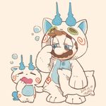  blue_eyes brown_hair closed_eyes cosplay ghost-pepper komasan komasan_(cosplay) lowres mario mario_(series) no_furoshiki open_mouth pillow rubbing_eyes sleepy super_mario_bros. yawning youkai youkai_watch 