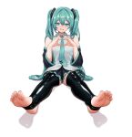  1girl aqua_eyes aqua_hair aqua_nails aqua_necktie arms_up bare_shoulders black_skirt black_thighhighs collared_shirt commentary commission detached_sleeves double-parted_bangs english_commentary eyelashes feet full_body hair_between_eyes hair_ornament hatsune_miku heart heart_hands legs long_hair looking_at_viewer miniskirt nail_polish necktie nihu no_shoes on_ground pleated_skirt shadow shirt simple_background sitting skirt sleeveless sleeveless_shirt soles solo stirrup_legwear thighhighs toeless_legwear toenail_polish toenails toes twintails very_long_hair vocaloid white_background white_shirt wide_sleeves 