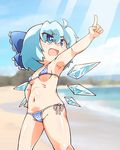  armpits bare_legs bare_shoulders beach belly bikini blue_eyes blue_hair blush breasts cirno covered_nipples day dithering hair_ornament hair_ribbon ice ice_wings jinnouchi_akira looking_away looking_up micro_bikini midriff navel ocean open_mouth outdoors outstretched_arm panties pointing ribbon ribs short_hair side-tie_bikini small_breasts smile solo sunlight swimsuit touhou underwear water wings 