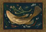  1girl algae animal_focus border brown_border closed_eyes commentary english_commentary fish highres long_hair mermaid monster_girl original ornate_border plant seaweed sethpuertoluna smile solo starfish underwater 