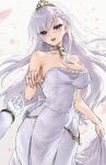  1girl 1other athenawyrm azur_lane belfast_(azur_lane) blush braid breasts cleavage collar collarbone dress earrings grey_eyes highres jewelry large_breasts long_hair looking_at_viewer petals ring simple_background skirt_hold smile solo strapless strapless_dress tiara wedding_ring white_background white_hair 