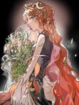  1girl bare_shoulders black_background black_dress bug chinese_commentary closed_mouth crescent crescent_hair_ornament dress druvis_iii expressionless fireflies firefly from_side green_eyes hair_ornament highres holding holding_plant leaf_hair_ornament long_hair looking_at_viewer mistletoe official_alternate_costume orange_hair parted_bangs plant procreate_(medium) profile qiu_ji reverse:1999 sideways_glance sleeveless sleeveless_dress solo upper_body very_long_hair wavy_hair 