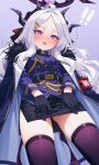  ! !! 1girl absurdres armband black_skirt blue_archive blue_coat blue_jacket blush breasts coat coat_on_shoulders demon_girl demon_horns demon_wings flying_sweatdrops hair_ornament hairclip halo highres hina_(blue_archive) horns jacket karaage_(xxxmido02) long_hair looking_at_viewer open_mouth parallel_hairclips parted_bangs pencil_skirt purple_eyes purple_halo purple_horns purple_thighhighs purple_wings red_armband skindentation skirt small_breasts solo thighhighs very_long_hair white_hair wings 