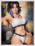  1girl absurdres black_hair blue_eyes blue_hair border brand_name_imitation breasts calvin_klein commentary english_commentary hand_on_own_thigh highres hololive hololive_english large_breasts lips long_hair looking_at_viewer maximilian_tu multicolored_hair navel ouro_kronii panties realistic sitting solo sports_bra sports_panties thighs two-tone_hair underwear v-shaped_eyebrows virtual_youtuber white_border white_panties white_sports_bra 