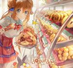  2015 aqua_eyes artist_name bow bowtie brown_hair collared_shirt dated display double_bun doughnut doughnut_day english food gen_3_pokemon gen_5_pokemon heart long_hair looking_at_viewer mei_(pokemon) namie-kun pastry plaid plaid_skirt pokemon pokemon_(creature) pokemon_(game) pokemon_bw2 pon_de_ring shirt short_sleeves skirt smile tepig tongs trapinch twintails white_shirt 