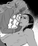  2boys baldur&#039;s_gate baldur&#039;s_gate_3 black_hair cazador_szarr closed_eyes curly_hair dark-skinned_male dark_skin dungeons_&amp;_dragons hand_on_another&#039;s_chin highres looking_at_another multiple_boys red_eyes spot_color vellioth viol_vrt white_hair yaoi 