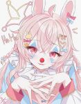  1girl absurdres ahoge animal_ears blue_bow bow braid clown clown_nose deermiko hair_bow hair_ornament heart heart_hair_ornament highres long_sleeves phase_connect pink_bow pink_eyes pink_hair pipkin_pippa rabbit_ears rabbit_hair_ornament solo twitter_username upper_body virtual_youtuber 