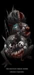  1other aqua_hair black_background black_jacket black_necktie black_pants blood collared_shirt e.g.o_(project_moon) employee_(project_moon) hammer highres holding holding_hammer intestines jacket lobotomy_corporation medium_hair monster mountain_of_smiling_bodies necktie nugget_(project_moon) open_mouth pants project_moon shirt simple_background smile_(e.g.o) teeth white_mask white_shirt yatsumeunagi 