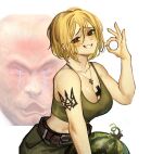  1boy 1girl arm_tattoo artist_name azov_battalion belt blonde_hair blush breast_tattoo breasts commentary crop_top cross cross_necklace crying english_commentary food fruit green_sports_bra jewelry large_breasts looking_at_viewer marichka meme midriff necklace original politician politics russo-ukrainian_war smile sports_bra tattoo tryzub usergore vladimir_putin watermelon 