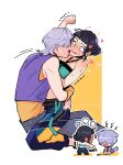  1boy 1girl angry animal_collar animal_ears aqua_shirt arms_around_waist black_hair black_pants black_shoes blue_pants blunt_bangs blush braid braided_bun brown_eyes chibi chibi_inset clenched_hand collar couple crop_top dog_ears dog_tail double_bun earrings embarrassed face-to-face fangs hair_bun hair_over_eyes halterneck heart hetero highres jewelry kpop_demon_hunters lattekefir leash licking licking_another&#039;s_neck medium_hair motion_lines multicolored_shoes mystery_(kpop_demon_hunter) open_mouth pants peanut_mouth puff_of_air purple_hair purple_nails purple_vest raised_fist red_collar red_leash shirt shoes short_bangs shout_lines sidelocks sitting sitting_on_lap sitting_on_person sleeveless sleeveless_shirt sneakers sparkle sparkling_eyes straddling sweatdrop tail track_pants trembling turtleneck twitter_username two-tone_background two-tone_pants two-tone_shoes upright_straddle vest white_background yellow_background yellow_pants yellow_shirt yellow_shoes zoey_(kpop_demon_hunters) 