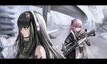  2girls ar-15 bandana bandana_around_neck black_hair black_jacket blue_eyes brown_eyes building commentary_request girls&#039;_frontline green_hair green_sweater_vest gun hair_between_eyes headphones highres holding holding_gun holding_weapon jacket letterboxed long_hair looking_at_viewer m4a1_(girls&#039;_frontline) magazine_(weapon) multicolored_hair multiple_girls one_side_up open_clothes open_jacket outdoors overpass pink_hair rifle road scope shiba42505719 sidelocks skull_print st_ar-15_(girls&#039;_frontline) streaked_hair sweater_vest weapon 