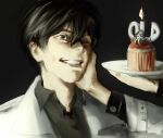  1boy 1other :d birthday black_background black_eyes black_hair black_shirt candle coat collared_shirt cupcake doodle_inset double-parted_bangs food grin hair_between_eyes holding holding_plate kim_dokja macaronijail omniscient_reader&#039;s_viewpoint out_of_frame plate popped_collar scratching_head shirt short_hair smile sparkle squid white_coat 