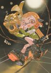  1girl :d agent_4_(splatoon) behind-the-head_headphones bike_shorts black_boots black_shorts boots colored_tongue fangs full_body green_jacket headphones highres holding holding_weapon hood hood_down hooded_jacket ink_tank_(splatoon) inkling jacket long_sleeves looking_at_viewer medium_hair open_mouth orange_eyes orange_hair orange_tongue rainmaker_(splatoon) shorts smile solo splatoon_(series) splatoon_2 tentacle_hair towo_nita weapon 