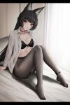  1girl absurdres animal_ear_fluff animal_ears bed bedroom black_bra black_choker black_hair black_pantyhose blush bow bow_bra bra breasts cameltoe choker collarbone commentary_request curtains feet fox_ears fox_girl highres hoshimi_miyabi indoors knees_together_feet_apart knees_up legs letterboxed long_hair looking_at_viewer medium_breasts no_panties no_pants no_shoes on_bed open_clothes open_shirt paid_reward_available pantyhose parted_lips red_eyes revision selcky shirt sitting solo sweat toes underwear very_long_hair wet wet_clothes wet_shirt white_shirt zenless_zone_zero 