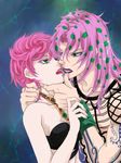  1girl black_eyes bra choker colored_eyelashes diavolo father_and_daughter fishnets green_eyes hand_on_another's_chin hetero imminent_kiss incest jojo_no_kimyou_na_bouken lipstick lo_lis makeup pink_hair pink_lipstick purple_hair purple_lipstick strap tattoo trish_una underwear wristband 