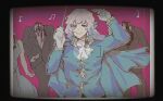  1boy 3others argalia_(project_moon) ascot black_border black_pants black_suit blood blue_cape blue_eyes blue_jacket border cape conductor_baton decapitation divewet3 gloves gold_trim highres jacket library_of_ruina long_hair long_sleeves looking_at_viewer male_focus multiple_others pants pink_background project_moon simple_background smile solo_focus standing suit upper_body white_ascot white_gloves white_hair 