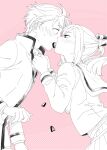  1boy 1girl assertive_female black_ribbon blush candy chocolate chuo_tanegashima_high_school_uniform clothes_grab collar_grab couple food hair_between_eyes hair_ribbon heart heart-shaped_chocolate heart-shaped_food hetero ikuhashi_muiko jacket koujiro_frau long_hair long_sleeves looking_at_another monochrome neckwear_grab pink_background pleated_skirt ribbon robotics;notes sailor_collar school_uniform short_hair skirt spot_color sweatdrop twintails upper_body white_ribbon yashio_kaito 