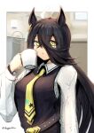  1girl ahoge alternate_breast_size animal_ears artist_name belt black_belt black_hair black_vest breasts closed_mouth collared_shirt crossed_bangs cup ear_tag earrings expressionless hair_between_eyes hand_up highres holding holding_cup horse_ears horse_girl indoors jewelry large_breasts long_bangs long_hair long_hair_between_eyes looking_at_viewer magnoliko manhattan_cafe_(umamusume) mug multicolored_hair necktie shirt single_earring solo steam twitter_username umamusume very_long_hair vest white_hair white_shirt yellow_necktie 