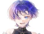  1boy black_bodysuit blue_eyes blunt_ends bodysuit eyelashes eyeliner eyeshadow genshin_impact gunocha hair_intakes hair_over_one_eye highres looking_at_viewer makeup male_focus mandarin_collar multicolored_hair off_shoulder open_mouth pink_hair portrait purple_eyes purple_hair red_eyeliner red_eyeshadow scaramouche_(genshin_impact) solo straight-on streaked_hair teeth wanderer_(genshin_impact) white_background wispy_bangs 