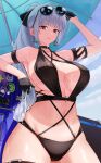  1girl absurdres adjusting_eyewear arm_rest arm_up armband armpits bare_shoulders beach_umbrella belt bikini black_armband black_belt black_bikini black_collar black_gloves black_survival blue_sky blunt_bangs breasts cleavage cloud collar collarbone commentary criss-cross_straps cup day drinking_glass english_commentary eternal_return:_black_survival eyewear_on_head glint gloves grey_eyes grey_hair half_gloves haze_(black_survival) haze_(private_summer)_(black_survival) highres holding holding_cup long_hair looking_at_viewer multi-strapped_bikini_bottom multi-strapped_bikini_top navel official_alternate_costume open_mouth outdoors ponytail purple_hair red_pupils schoppi_0731 sideboob sidelocks sky solo standing sticker stomach sunglasses swimsuit teeth thigh_belt thigh_strap thighs umbrella under_umbrella upper_teeth_only very_long_hair weapon_case wet wine_glass 