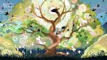  abstract animal artist_request bird black_bird blue_sky bush copyright_name day dragon flower grass highres infinity_nikki logo nikki_(series) no_humans official_art official_wallpaper outdoors pink_flower second-party_source simple_bird sky tree water_drop white_flower 