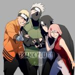  1girl 3boys bandaged_arm bandages black_eyes black_gloves black_hair black_shirt blonde_hair boruto:_naruto_next_generations closed_eyes closed_mouth eyepatch facing_viewer fingerless_gloves flak_jacket forehead_protector gloves green_eyes grey_background haruno_sakura hatake_kakashi highres jacket konohagakure_shinobi_uniform konohagakure_symbol long_sleeves mask mouth_mask multiple_boys naruto_(series) ninja ninja_mask orange_jacket pink_hair red_shirt shirt simple_background sleeveless team_7_(naruto) uchiha_sasuke uzumaki_naruto v white_hair zifletts 
