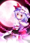  1girl absurdres bat_wings blue_hair blush capelet chain closed_mouth dress from_behind hair_between_eyes hat highres looking_at_viewer looking_back medium_hair mob_cap moon nanakusagayu_(7_kusagayu) red_eyes red_moon red_ribbon remilia_scarlet ribbon short_sleeves smile solo touhou vampire white_capelet white_dress wings wrist_cuffs 