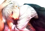  1boy artist_request character_request commentary_request copyright_request hair_between_eyes long_sleeves looking_at_viewer lowres non-web_source red_eyes short_hair simple_background solo source_request tagme white_background white_hair 