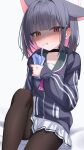  1girl absurdres anger_vein angry black_choker black_hair black_hoodie black_pantyhose blue_archive blunt_bangs blunt_ends blush choker collarbone colored_inner_animal_ears colored_inner_hair commentary cowboy_shot drinking_straw extra_ears green_sailor_collar hair_intakes halo hand_up highres holding holding_milk_carton hood hood_down hoodie kazusa_(blue_archive) knee_up looking_at_viewer medium_hair milk_carton miniskirt multicolored_hair neckerchief open_mouth pantyhose pink_hair pink_halo pink_neckerchief pleated_skirt red_eyes sailor_collar school_uniform serafuku shaded_face simple_background sitting skirt solo sweatdrop symbol-only_commentary tsurime two-tone_hair wendao white_background white_skirt 