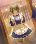  1boy alternate_costume apron black_hair commentary_request crossdressing crossdressing_(mtf) dress enmaided fagi_(kakikaki) hair_ornament highres holostars indoors kanade_izuru lightning_bolt_hair_ornament lightning_bolt_symbol maid maid_apron male_focus parted_lips purple_dress purple_eyes reflection reflection_focus short_hair solo thigh_strap virtual_youtuber waist_apron white_apron 