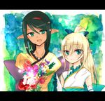  aqua_eyes beatrice_irma black_hair blonde_hair blue_background blue_eyes dark_skin detached_sleeves dress elf flower frills gradient gradient_background hairband kirika_towa_alma long_hair multiple_girls open_mouth pointy_ears ponytail ribbon shining_(series) shining_resonance short_hair 