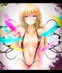  bare_shoulders blonde_hair blue_eyes breasts covered_nipples cyanomirahi elf groin hand_behind_head highres long_hair looking_at_viewer medium_breasts navel original pointy_ears slingshot_swimsuit smile solo swimsuit 