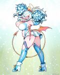  :d absurdres arched_back arms_up artist_request ass bare_shoulders belly blue_shoes blue_thighhighs bow breasts cheerleader cleavage clothing_cutout copyright_notice dashed_eyes demon_tail demon_wings doubliel from_behind full_body furrowed_brow green_background hair_bow hair_over_one_eye halo high_heels highres large_breasts legs_apart long_hair long_sidelocks looking_at_viewer looking_back mahjong_fight_girl miniskirt necktie official_art orange_bow orange_necktie paid_reward_available plump pom_pom_(cheerleading) red_eyes saliva sample_watermark second-party_source shoes side_cutout sidelocks skirt sleeveless smile standing stomach_cutout sweat tail teeth thick_arms thighhighs upper_teeth_only v-shaped_eyebrows watermark white_background white_hair white_skirt wings yellow_halo 