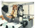 2008 anthro bathing bathtub black_hair black_nipples black_nose brown_eyes brown_hair brush chakat dipstick_tail duo felid felid_taur female fur gloves_(marking) grey_body grey_fur hair herm_(lore) kacey leg_markings mammal mammal_taur markings mythril navel nipples nude open_mouth orange_body orange_fur partially_submerged personal_grooming pink_nipples pink_nose social_grooming socks_(marking) tail tail_markings taur whiskers windsong