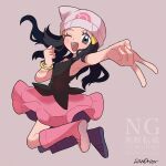  1girl ;d armpits beanie black_shirt blue_hair boots bracelet dawn_(pokemon) full_body grey_background grey_eyes hat highres jewelry jumping long_hair looking_at_viewer one_eye_closed open_mouth pink_boots pink_skirt pokemon pokemon_dppt rubber_boots sandora_(karugamo_no_e) shirt signature simple_background skirt sleeveless smile solo teeth upper_teeth_only v watermark white_hat 