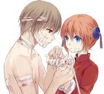  1girl bandages blood blue_eyes brown_hair bun_cover chinese_clothes double_bun gintama kagura_(gintama) loli_bushi okita_sougo orange_hair red_eyes short_hair 