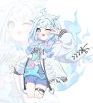  1girl ;d absurdres ahoge animal_hood black_choker blue_bow blue_eyes blue_hair blue_shirt blue_shorts blush bow braid cellphone chain chain_necklace choker cowboy_shot double-parted_bangs hair_bow hair_flaps hair_ornament heart heart_o-ring highres hololive hololive_dev_is hood hooded_jacket jacket jewelry lightning_ahoge long_hair looking_at_viewer low_twin_braids mizumiya_su multicolored_hair necklace o-ring o-ring_choker o-ring_thigh_strap one_eye_closed open_mouth phone pink_streaks print_shirt rabbit_hood shirt shorts smile solo streaked_hair thigh_strap torn_clothes torn_shirt twin_braids ugaaaa1 v virtual_youtuber x_hair_ornament 