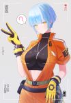  1girl ? absurdres battery_indicator belt_pouch black_survival blue_hair breasts celine_marie_noel commentary crop_top dog_tags english_commentary eternal_return:_black_survival gloves grey_background hand_up head_tilt highres jumpsuit large_breasts looking_at_viewer multicolored_hair open_jumpsuit orange_jumpsuit pouch schoppi_0731 screwdriver short_hair solo spoken_question_mark standing streaked_hair sweatdrop tools turtleneck two-sided_gloves v viewfinder white_streaks yellow_eyes yellow_gloves 