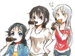  black_hair blue_eyes brown_eyes energy_drink eve_santaclaus fujiwara_hajime idolmaster idolmaster_cinderella_girls itomugi-kun long_hair multiple_girls nanjou_hikaru open_mouth white_hair yellow_eyes 