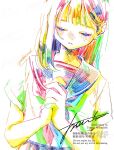  1girl blush closed_eyes colorful hatching_(texture) highres original own_hands_together parted_lips procreate_(medium) school_uniform serafuku short_sleeves signature solo upper_body watanabe_tomari 