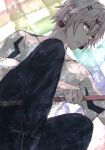  1boy absurdres black_pants david_hockney earrings eyeshadow gradient_background hair_ornament hairclip highres holding jewelry looking_at_viewer makeup multicolored_eyes original pants shaded_face shadow shirt short_hair short_sleeves solo spyairi tower_of_god two-tone_eyes underlighting white_hair white_shirt 