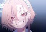  1girl asymmetrical_bangs blood blood_on_face blue_archive braid close-up dirt earrings game_cg grin hair_over_one_eye head_only highres jewelry maid_headdress mole mole_under_eye neru_(blue_archive) non-web_source official_art red_eyes red_hair scar scar_on_face single_braid slit_pupils smile solo spoilers stud_earrings 