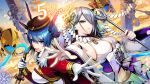  2girls artumph back-to-back bare_shoulders blue_eyes blue_hair breasts closed_mouth copyright_notice duel_masters duel_masters_play&#039;s fur-trimmed_jacket fur_trim gloves gohei gradient_sky grey_hair hair_ornament hair_over_one_eye hat highres holding holding_gohei holding_whip jacket japanese_clothes kimono large_breasts long_sleeves looking_at_viewer mascot miko multicolored_hair multiple_girls official_art open_mouth orange_sky outstretched_arm outstretched_hand q.e.d._(duel_masters) rainbow_gradient reaching reaching_towards_viewer red_jacket sky snowflakes sparkle teeth translation_request upper_body upper_teeth_only weapon weapon_on_back wedding_(duel_masters) white_gloves white_hair white_kimono yellow_eyes 