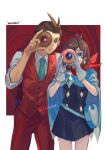  1boy 1girl :/ ace_attorney antenna_hair apollo_justice apollo_justice:_ace_attorney badge bag black_dress blue_bag blue_cape blue_eyes blue_necktie border brown_eyes buttons cape closed_mouth collared_shirt commentary cowboy_shot diamond_(shape) diamond_button diamond_earrings donut double-breasted dress dress_pants earrings food forked_eyebrows gloves glowing glowing_eye hand_up handbag heart-shaped_bag highres holding holding_donut holding_food jewelry kakkotozi lapel_pin lapels looking_at_viewer looking_through_donut necktie notched_lapels outside_border pants parted_bangs red_pants red_scarf red_vest romaji_text scarf shirt short_dress short_hair side-by-side sleeves_rolled_up standing symbol-only_commentary trucy_wright twitter_username vest white_border white_gloves white_shirt wing_collar 