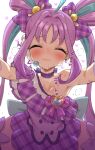  1girl ahoge blue_hair bow bow_choker breasts choker closed_eyes closed_mouth collarbone commentary cure_kyunkyun dress earrings facing_viewer hair_bow headset highres idol_heart_brooch jewelry kimi_to_idol_precure long_hair magical_girl mo_(boo1719501boo) multicolored_hair multiple_earrings outstretched_arms plaid_bow precure purple_bow purple_choker purple_dress purple_hair reaching reaching_towards_viewer saliva saliva_trail shigure_kokoro single_bare_shoulder small_breasts solo strapless strapless_dress streaked_hair translation_request twintails two-tone_hair variant_set very_long_hair 