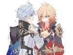  2boys antenna_hair armor black_coat black_gloves black_shirt blonde_hair blue_cape blue_eyes braid cape character_doll chest_tattoo clawed_gauntlets coat commentary_request doll earrings facial_tattoo fingerless_gloves gloves gold_earrings gomenne_oyu gradient_hair hair_between_eyes highres honkai:_star_rail honkai_(series) jewelry looking_at_another male_focus medium_hair multicolored_hair multiple_boys mydei_(honkai:_star_rail) open_clothes open_coat pauldrons phainon_(honkai:_star_rail) red_hair red_tattoo shirt short_hair shoulder_armor side_braid simple_background single_glove single_pauldron tattoo twitter_username white_background white_coat white_hair yellow_eyes 