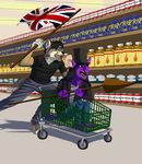  angry british british_flag canine chinchilla coyote flag fur hat lance leather_jacket male mammal oil purple_fur reddragon rodent screaming shopping_cart soup supermarket top_hat weapon 