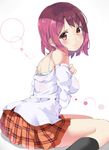  arato_hisako black_legwear blue_bra blush bra brown_eyes chikuwa. looking_at_viewer off_shoulder plaid plaid_skirt pleated_skirt purple_hair shokugeki_no_souma short_hair sitting skirt solo tootsuki_saryou_ryouri_gakuen_uniform underwear undressing wariza 