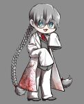  1girl :3 blue_eyes coat collared_shirt e.g.o_(project_moon) employee_(project_moon) grey_hair grey_shoes grey_vest grinder_mk4_(e.g.o) highres lobotomy_corporation long_hair long_sleeves looking_at_viewer necktie nugget_(project_moon) open_mouth pants project_moon red_necktie shirt shoes sleeves_past_fingers sleeves_past_wrists smile solo very_long_hair vest white_coat white_pants white_shirt yatsumeunagi 